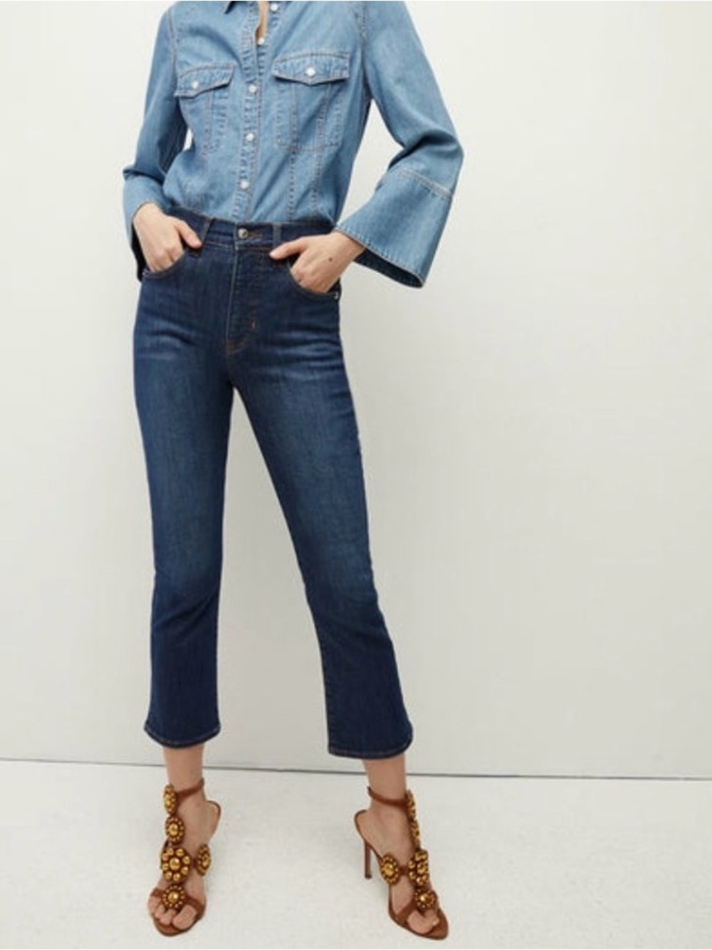 Veronica Beard Carly Kick Flare High Rise Jeans in Bright Blue Wash.